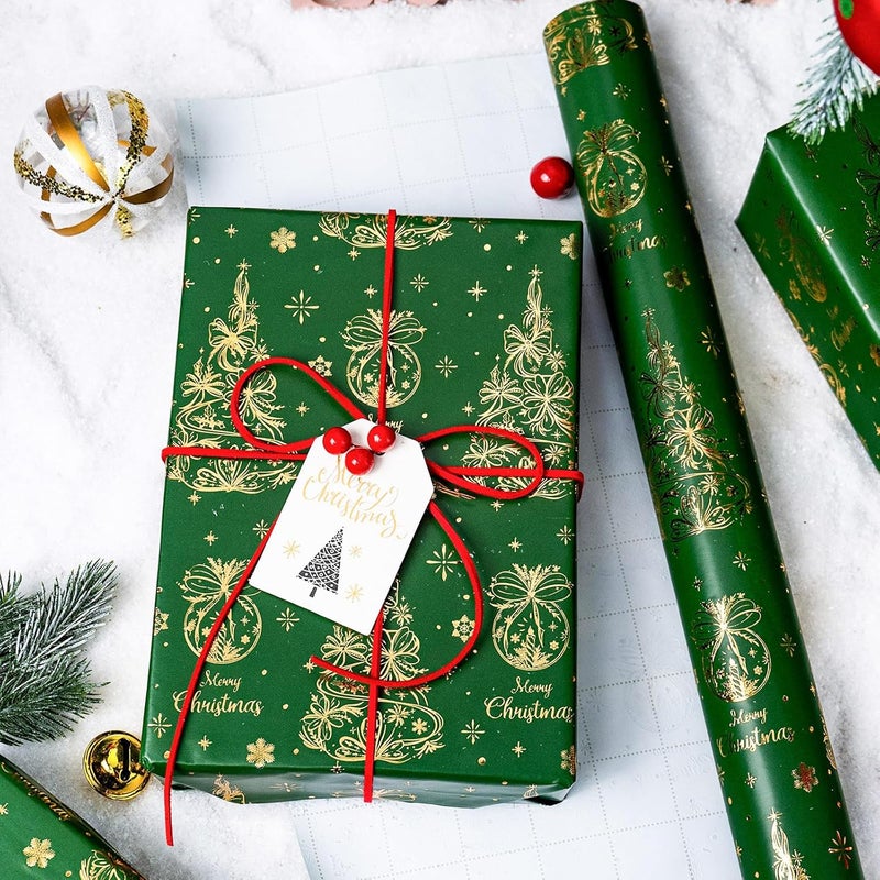 MAYPLUSS ورق تغليف عيد الميلاد الأخضر، ورق تغليف الأشجار الخضراء، شجرة عيد الميلاد الأنيقة بتصميم رقائق الذهب لتغليف الهدايا، زينة احتفالية (17 بوصة × 33 قدم) - Image 4